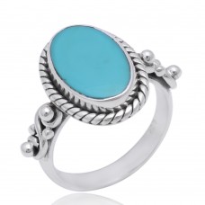 Natural Turquoise 14x10mm Oval Gemstone 925 Silver Ethnic Ring
